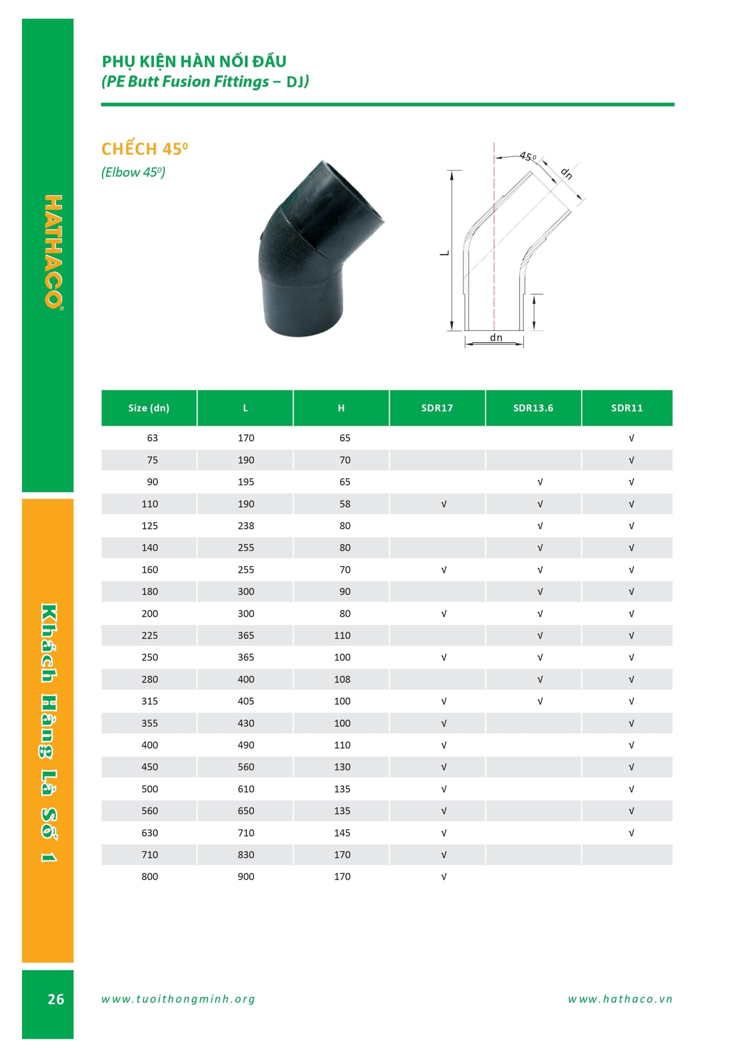 Chếch (Lơi) 45 độ hàn đối đầu HDPE Hathaco